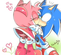 Size: 736x662 | Tagged: suggestive, artist:fantasiia, amy rose, sonic the hedgehog, age difference, amy x sonic, blushing, dubious consent, duo, eyes closed, gradient background, heart, holding them, kiss, shipping, signature, standing, straight, surprise kiss, surprised, sweatdrop, upskirt