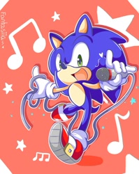 Size: 600x753 | Tagged: safe, artist:fantasiia, sonic the hedgehog, heart, holding something, microphone, mouth open, musical note, musical notes, open smile, outline, redraw, simple background, smile, smiling at viewer, solo, standing, star (symbol), wire