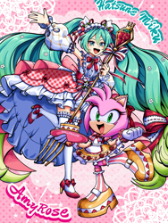 Size: 1440x1920 | Tagged: safe, artist:kaiyuki04, amy rose, crossover, dress, female, hatsune miku, vocaloid
