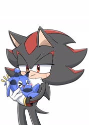 Size: 1448x2048 | Tagged: safe, artist:giatensi_11194, artist:oudooooon427, shadow the hedgehog, chao, 2025, blushing, character chao, collaboration, duo, eyes closed, holding them, lidded eyes, looking at them, simple background, smile, sonic chao, standing, white background