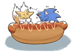 Size: 1596x1142 | Tagged: safe, artist:oudooooon427, miles "tails" prower, sonic the hedgehog, 2025, blushing, chili dog, cute, duo, eating, eyes closed, food, japanese text, simple background, sonabetes, tailabetes, tongue out, white background