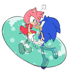 Size: 1299x1264 | Tagged: safe, artist:oudooooon427, amy rose, sonic the hedgehog, 2025, barefoot, duo, inner tube, looking at each other, looking at them, pawpads, paws, simple background, smile, swimsuit, white background
