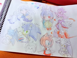 Size: 1999x1500 | Tagged: safe, artist:oudooooon427, amy rose, blaze the cat, silver the hedgehog, sonic the hedgehog, human, 2025, apron, bowl, cake, cooking, eating, eyes closed, fire, food, group, holding something, mouth open, simple background, smile, traditional media, watercolor, white background