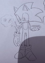 Size: 1416x2000 | Tagged: safe, artist:oudooooon427, sonic the hedgehog, chao, 2025, chaobetes, chili dog, cute, duo, food, greyscale, hands on another's arm, holding another's arm, holding something, looking at them, monochrome, neutral chao, pencilwork, simple background, sketch, standing, thought bubble, traditional media