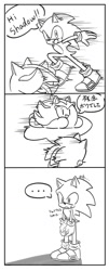 Size: 805x1997 | Tagged: safe, artist:oudooooon427, shadow the hedgehog, sonic the hedgehog, 2025, comic, cosplay, crossover, duo, greyscale, japanese text, kirby, looking at them, monochrome, running, simple background, speech bubble, white background