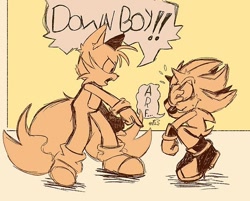 Size: 600x483 | Tagged: safe, artist:buttersss__, miles "tails" prower, shadow the hedgehog, 2025, age difference, archie (comic), dialogue, down boy, duo, english text, exclamation mark, facepalm, gay, meme, monochrome, pointing, shadow x tails, shipping, side view, speech bubble, squatting, sweatdrop, text