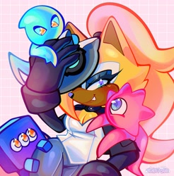 Size: 2015x2048 | Tagged: safe, artist:toketsuu, wisp, 2026, agender, blue wisp, female, group, lidded eyes, looking at viewer, mask, mask over one eye, one fang, pink wisp, sitting, smile, smiling at viewer, turquoise wisp