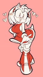 Size: 1161x2048 | Tagged: suggestive, artist:animaten_saine, amy rose, 2026, busty amy, hand on hip, heart, limited palette, looking at viewer, mouth open, open smile, pink background, simple background, smile, solo, standing