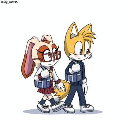 Size: 894x894 | Tagged: safe, artist:jame5rheneaz, cream the rabbit, miles "tails" prower, bag, duo, glasses, school uniform, schoolgirl outfit, simple background, white background