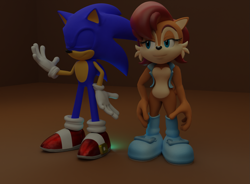Size: 1399x1031 | Tagged: safe, artist:angelicaannabelle00, sally acorn, sonic the hedgehog, chipmunk, hedgehog, 2022, 3d, blender, duo, female, male, sally x sonic, sally's vest and boots, shipping, standing, straight