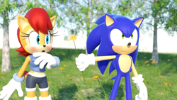 Size: 1920x1080 | Tagged: safe, artist:howteyoarts, sally acorn, sonic the hedgehog, chipmunk, hedgehog, 2022, 3d, blender, blushing, daytime, duo, female, flower, grass, holding something, male, plant, sally x sonic, sally's ringblader outfit, shipping, straight, tree