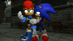 Size: 1366x768 | Tagged: safe, artist:migueruchan, sally acorn, sonic the hedgehog, chipmunk, hedgehog, 2013, 3d, building, duo, female, male, nighttime, sally x sonic, sally's ringblader outfit, shipping, source filmmaker, straight