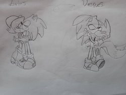 Size: 600x450 | Tagged: safe, artist:joshua chen, miles "tails" prower, sally acorn, sonic the hedgehog, 2022, age difference, gay, hugging, kiss, line art, monochrome, pencilwork, sally x sonic, shipping, sonic x tails, standing, straight, traditional media, trio