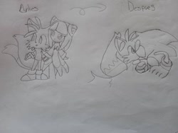 Size: 800x600 | Tagged: safe, artist:joshua chen, cosmo the seedrian, miles "tails" prower, sonic the hedgehog, 2022, age difference, gay, holding hands, kiss, line art, monochrome, pencilwork, shipping, sonic x tails, standing, straight, tailsmo, traditional media, trio