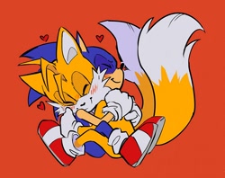 Size: 800x632 | Tagged: safe, artist:moffeen, miles "tails" prower, sonic the hedgehog, 2022, age difference, blushing, cute, duo, eyes closed, flat colors, gay, heart, heart nose, hugging, red background, shipping, simple background, sitting, smile, sonabetes, sonic x tails, tailabetes