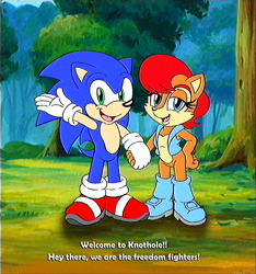 Size: 2336x2500 | Tagged: safe, artist:classicsonicsatam, sally acorn, sonic the hedgehog, chipmunk, hedgehog, 2025, daytime, dialogue, duo, english text, female, forest, greeting, holding hands, male, sally x sonic, sally's vest and boots, shipping, sonic satam, straight, vhs filter, waving
