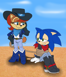 Size: 3000x3500 | Tagged: safe, artist:classicsonicsatam, sally acorn, sonic the hedgehog, chipmunk, hedgehog, 2024, alternate outfit, blushing, clothes, cowboy hat, cowboy outfit, daytime, duo, female, fully clothed, lasso, male, sally x sonic, shipping, straight