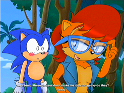 Size: 2372x1780 | Tagged: safe, artist:classicsonicsatam, sally acorn, sonic the hedgehog, chipmunk, hedgehog, 2025, blushing, daytime, dialogue, duo, english text, female, forest, glasses, male, sally x sonic, sally's vest and boots, shipping, sonic satam, straight, vhs filter