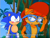 Size: 2372x1780 | Tagged: safe, artist:classicsonicsatam, sally acorn, sonic the hedgehog, chipmunk, hedgehog, hybrid, squirrel, 2025, blushing, daytime, dialogue, duo, english text, female, forest, glasses, male, sally x sonic, sally's vest and boots, shipping, sonic satam, straight, vhs filter