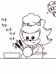 Size: 1536x2048 | Tagged: safe, artist:om_200701, shadow the hedgehog, sonic the hedgehog, 2025, chef hat, duo, greyscale, hat, holding something, japanese text, looking at them, monochrome, simple background, sketch, sonic and friends, tongs, wagging tail, white background