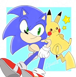 Size: 1280x1293 | Tagged: safe, artist:asune_snare, sonic the hedgehog, 2025, blue background, border, crossover, duo, hand on another's arm, looking at each other, looking at them, pikachu, pokemon, signature, simple background, smile, standing, star (symbol)