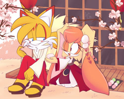 Size: 1000x800 | Tagged: safe, artist:luckyclau, cream the rabbit, miles "tails" prower, aged up, cherry blossom tree, cream x tails, duo, japanese clothes, sakura blossoms, shipping, straight