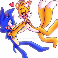 Size: 1024x1024 | Tagged: safe, artist:crazygreenfluff, miles "tails" prower, sonic the hedgehog, 2022, aged up, barefoot, blushing, blushing ears, deviantart watermark, duo, gay, gloves off, heart, hugging, mid-air, obtrusive watermark, shipping, simple background, smile, sonic x tails, watermark, white background