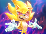 Size: 900x668 | Tagged: safe, artist:skeleion, sonic the hedgehog, 2019, abstract background, fangs, fleetway, fleetway super sonic, mouth open, open smile, shrugging, smile, solo, sparkles, standing, super form, torn gloves