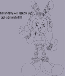 Size: 455x526 | Tagged: safe, artist:tsiot, charmy bee, 2021, charmabetes, cute, dialogue, english text, line art, monochrome, mouth open, open smile, sketch, smile, solo, standing, text, waving