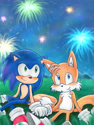 Size: 1080x1440 | Tagged: safe, artist:thesousarasimp, miles "tails" prower, sonic the hedgehog, 2026, abstract background, age difference, blushing, duo, fireworks, gay, grass, holding hands, new years, nighttime, outdoors, shipping, sitting, smile, sonic x tails