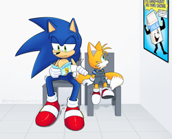 Size: 2048x1653 | Tagged: safe, artist:fredsters-world, miles "tails" prower, sonic the hedgehog, 2025, aged down, alternate universe, au:all for you, chair, clothes, duo, holding something, indoors, leaflet, lidded eyes, looking at something, mouth open, overalls, poster, reading, sitting, smile