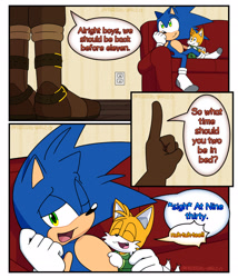 Size: 1755x2048 | Tagged: safe, artist:fredsters-world, amadeus prower, miles "tails" prower, sonic the hedgehog, aged down, alternate universe, au:all for you, comic, dialogue, english text, holding them, indoors, pointing, sitting, sofa, standing, talking, text, trio