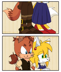 Size: 1755x2048 | Tagged: safe, artist:fredsters-world, amadeus prower, rosemary prower, 2025, alternate universe, au:all for you, comic, duo, indoors, looking offscreen, redesign, smile, standing