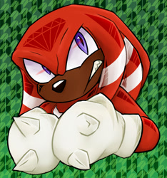 Size: 1315x1404 | Tagged: safe, artist:renegadeknucks, knuckles the echidna, 2024, abstract background, clenched fists, clenched teeth, dark skin, fur markings, looking offscreen, solo