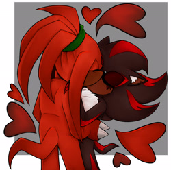 Size: 2048x2032 | Tagged: safe, artist:renegadeknucks, knuckles the echidna, shadow the hedgehog, 2024, alternate hairstyle, dark skin, duo, ear fluff, eyelashes, eyes closed, gay, gloves off, hair up, heart, holding each other, hugging, kiss, knuxadow, ponytail, shipping, standing