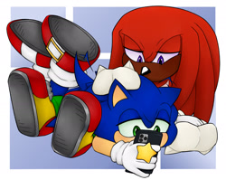 Size: 2048x1632 | Tagged: safe, artist:renegadeknucks, knuckles the echidna, sonic the hedgehog, 2024, dark skin, duo, gay, hand on another's head, holding something, knuxonic, lidded eyes, looking at something, lying down, lying on front, lying on them, phone, pop socket, shipping, sitting