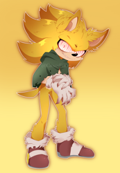 Size: 2938x4251 | Tagged: safe, artist:chaoseclips, sonic the hedgehog, sonic forces, 2022, bending over, blood, blood stain, claws, ear fluff, fanfiction art, fleetway, fleetway super sonic, hands together, looking at viewer, outline, poncho, smile, solo, stain, standing, super form, torn clothes, torn gloves, torn socks