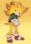 Size: 2938x4251 | Tagged: safe, artist:chaoseclips, sonic the hedgehog, sonic forces, 2022, bending over, blood, blood stain, claws, ear fluff, fanfiction art, fleetway, fleetway super sonic, hands together, looking at viewer, outline, poncho, smile, solo, stain, standing, super form, torn clothes, torn gloves, torn socks