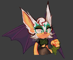 Size: 1835x1512 | Tagged: safe, artist:eloaholiveira, rouge the bat, sonic prime, 2022, black background, clenched fist, ear fluff, face paint, looking offscreen, pink nose, prim rouge, signature, simple background, smile, solo, standing, torn clothes