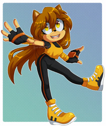 Size: 1280x1519 | Tagged: safe, artist:lynxyfluffybuns, oc, oc:keyara the hedgehog, hedgehog, 2026, arms out, border, brown fur, clothes, cosplay, eye clipping through hair, eyelashes, fingerless gloves, long hair, mouth open, oc only, open smile, outline, shoes, smile, solo, standing, standing on one leg, tangle's running suit, yellow eyes