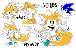 Size: 5500x3500 | Tagged: safe, artist:endyrendy, miles "tails" prower, sonic the hedgehog, ..., 2024, alternate outfit, alternate shoes, blue shoes, character name, english text, eye clipping through hair, frown, looking at viewer, looking down, looking offscreen, mouth open, open smile, pointing, pout, simple background, smile, smiling at viewer, solo, speech bubble, text, thinking, white background