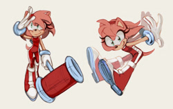 Size: 1280x804 | Tagged: safe, artist:mobian-witch, amy rose, 2023, alternate outfit, bodysuit, boots, duality, gloves, holding something, looking at viewer, piko piko hammer, simple background, smile, solo, treads, white background