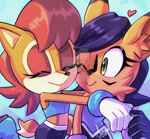 Size: 1024x947 | Tagged: safe, artist:angiethecat, nicole the hololynx, sally acorn, 2025, cute, deviantart watermark, duo, eyes closed, gradient background, heart, hugging, lesbian, nicole x sally, obtrusive watermark, one eye closed, shipping, signature, smile, watermark