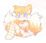 Size: 1280x1180 | Tagged: safe, artist:mallowzee, miles "tails" prower, 2026, alternate outfit, blushing, bow, choker, crop top, crossdressing, cute, ear fluff, eyestrain, femboy, frown, gloves, looking at viewer, midriff, sitting, skirt, solo, stockings, tailabetes