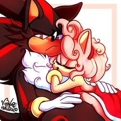 Size: 3500x3500 | Tagged: safe, artist:velvedd, amy rose, shadow the hedgehog, 2020, age difference, amy x shadow, duo, eyes closed, frown, holding each other, hugging, looking at viewer, shipping, signature, sleeping, straight