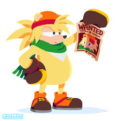 Size: 1958x1958 | Tagged: safe, artist:yui karasuno, sonic twitter, bark the polar bear, 2024, bark is not amused, frown, hand on hip, holding something, looking at something, official artwork, simple background, solo, standing, unamused, wanted poster, white background