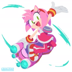 Size: 1958x1958 | Tagged: safe, artist:yui karasuno, sonic twitter, amy rose, sonic riders: zero gravity, 2022, extreme gear, gravity band, holding something, looking at viewer, mouth open, open smile, smile, smiling at viewer, solo