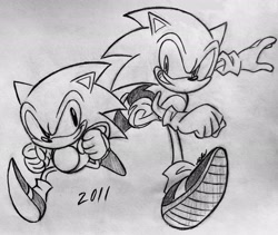 Size: 2048x1730 | Tagged: safe, artist:supermilobros, sonic the hedgehog, 2021, classic sonic, duo, line art, monochrome, redraw, running, self paradox, smile, sonic generations, traditional media, treads