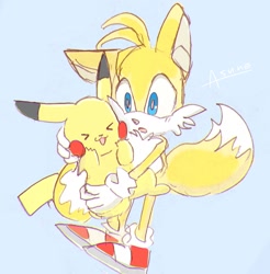 Size: 1306x1327 | Tagged: safe, artist:asune_snare, miles "tails" prower, 2025, blue background, crossover, duo, eyes closed, holding them, looking at them, pikachu, pokemon, signature, simple background, smile