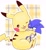 Size: 1508x1638 | Tagged: safe, artist:asune_snare, sonic the hedgehog, 2025, crossover, duo, hugging, looking at each other, looking at them, one eye closed, pikachu, plaid background, pokemon, signature, sitting, size difference, smile